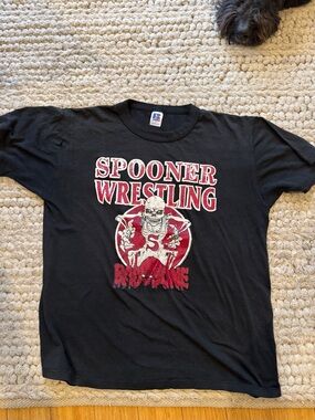 SPOONER WRESTLING Graphic Tee - Black with Red & White Skull Design retro emo L